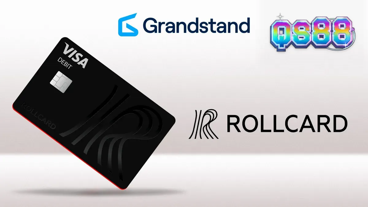Cartão de débito Rollcard com elementos de jogos e apostas ao fundo
