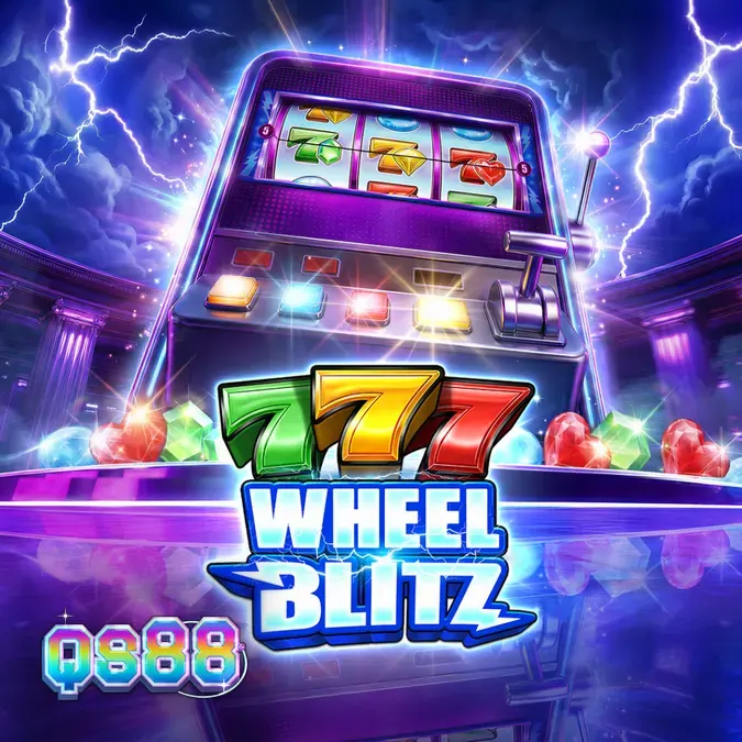 Captura de tela do jogo 777 Wheel Blitz, mostrando a grade 3x3 com símbolos clássicos de 7s, frutas e pedras preciosas brilhantes, com a roda de bônus ao fundo.